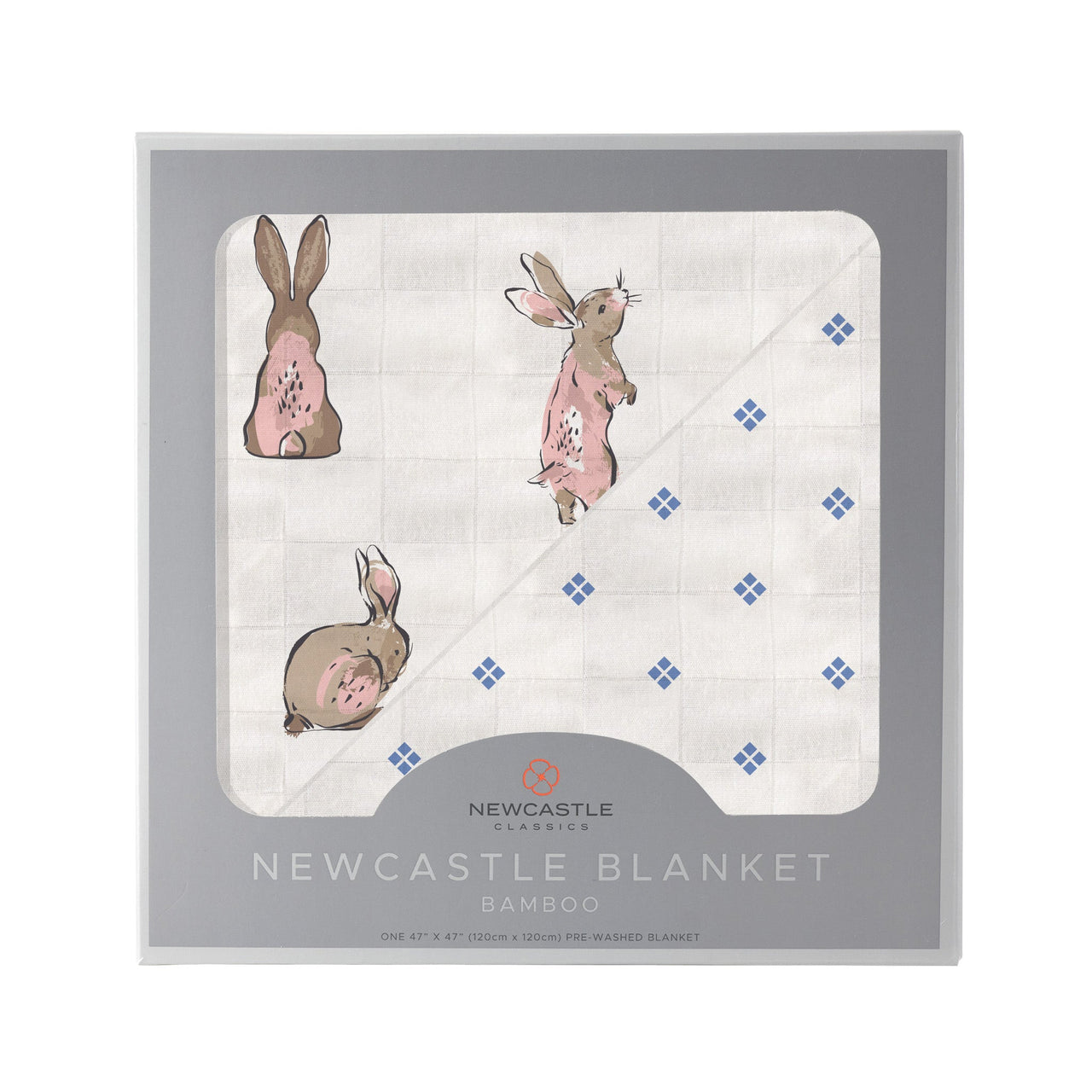 Powder Pink Bunnies and Periwinkle Diamond Polka Dot Bamboo Newcastle Blanket -