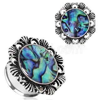 316L Stainless Steel Ornate Plug With Natural Abalone Inlay - SINGLE OR A PAIR - 5 SIZES -