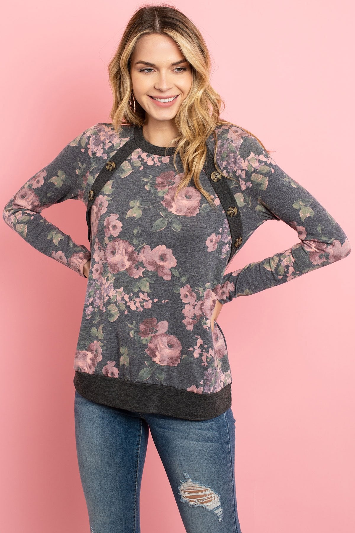 Riah Fashion - Button Detail Long Sleeved Floral Print Top - 2 COLOR COMBOS -