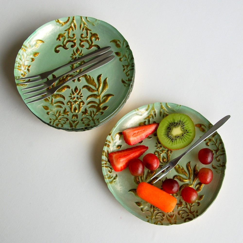 Set/4 DAMASK 6.5" TURQUOISE/GOLD CANAPE PLATES