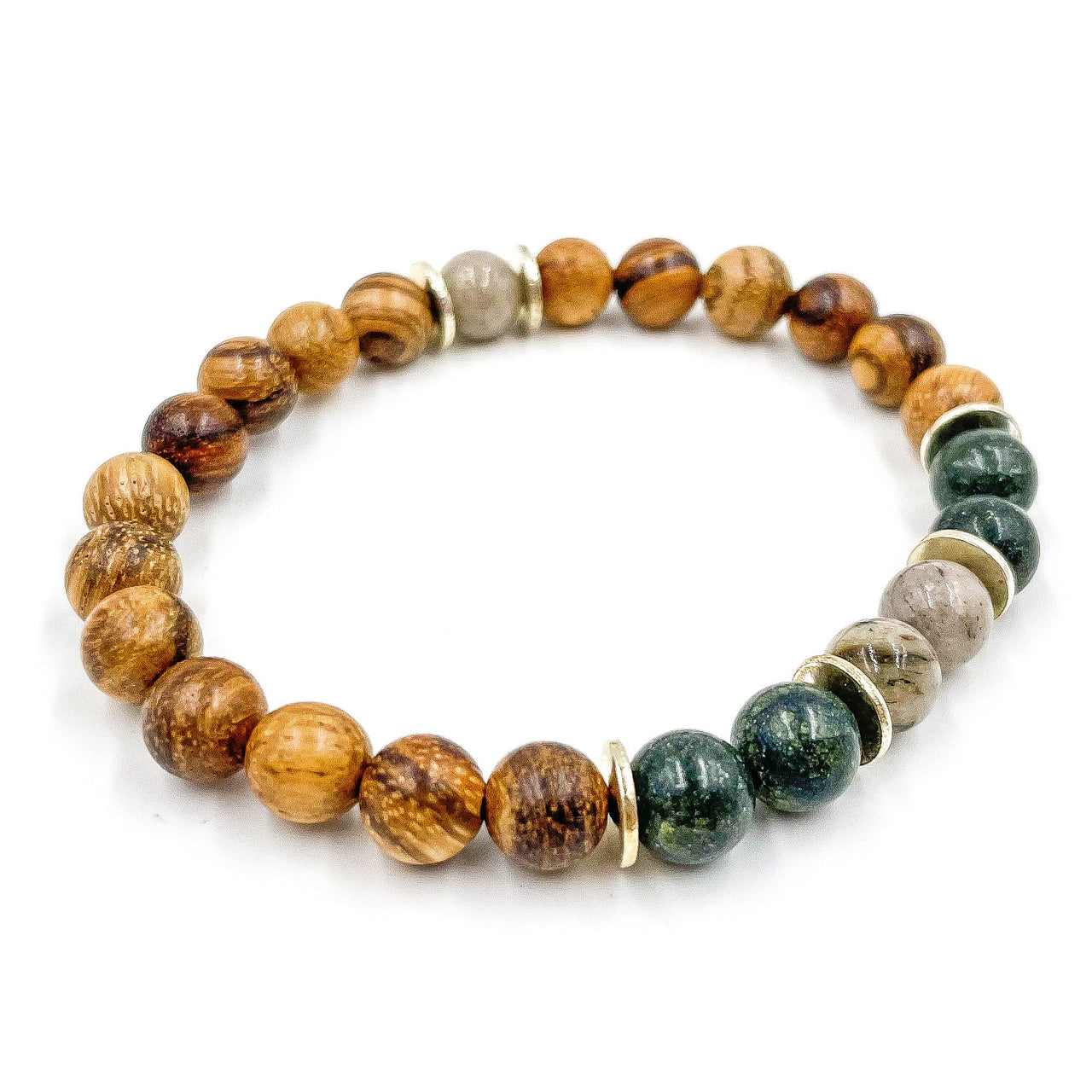 Central Premium - Gray Feldspar, Serpentine, & Sandalwood Mala Beaded Bracelet -