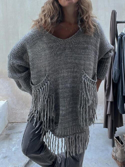 Fringe Detail Long Sleeve Sweater with Pockets - T - 3 COLORS -