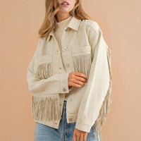 Thumbnail for Fringe Detail Dropped Shoulder Denim Jacket - T - 3 COLORS -