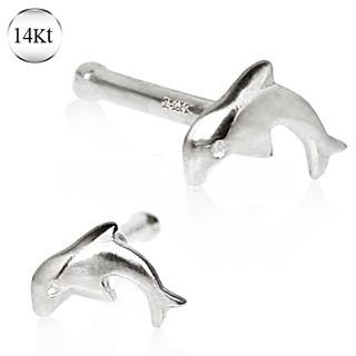 14Kt White Gold Stud Nose Ring With a Dolphin -