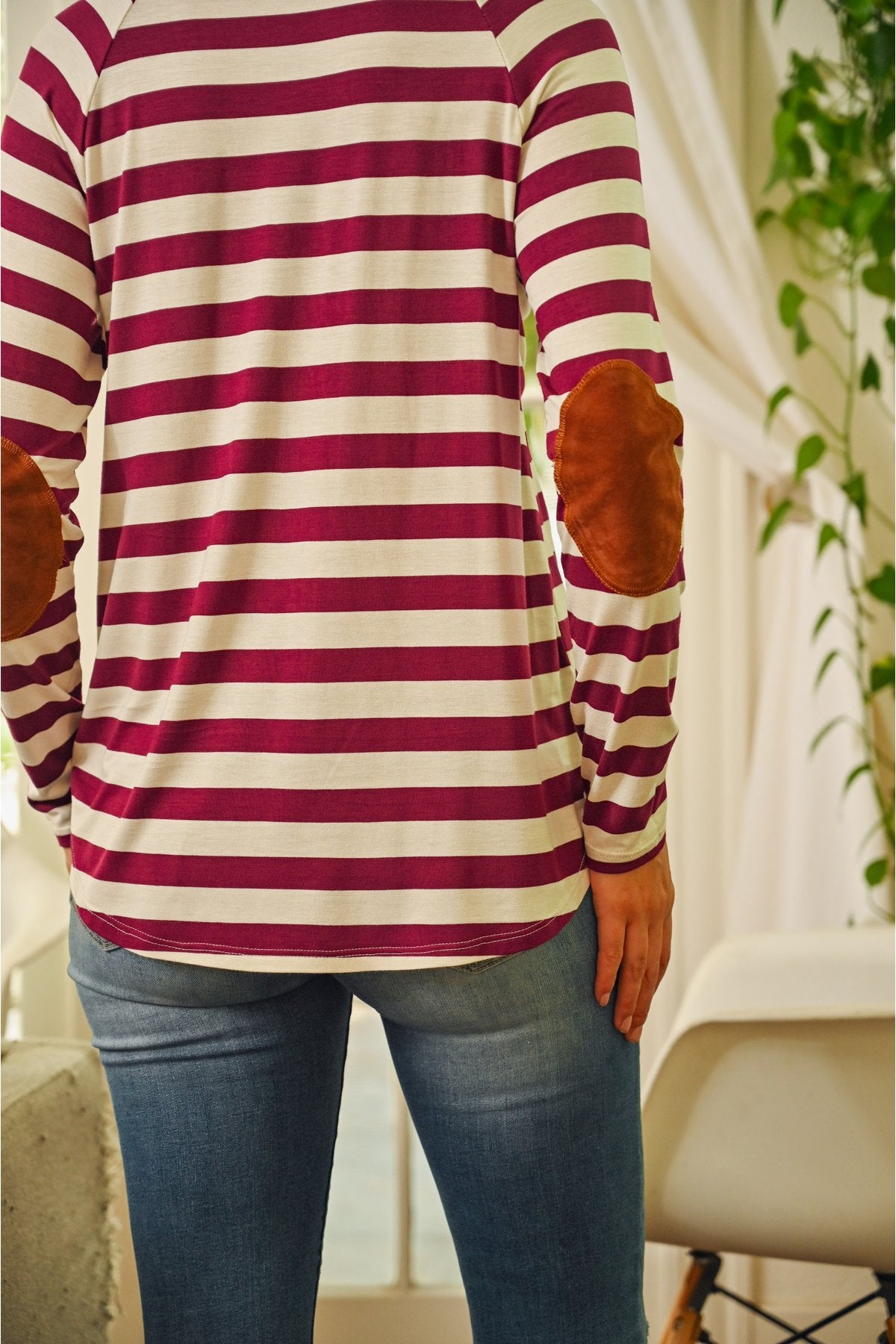 Riah Fashion - Elbow Suede Patch Striped Tunic - 6 COLORS -