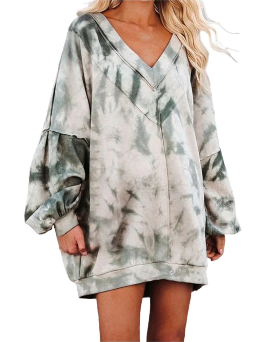 Tie-Dye V-Neck Tunic Sweatshirt - T - 1 COLOR -