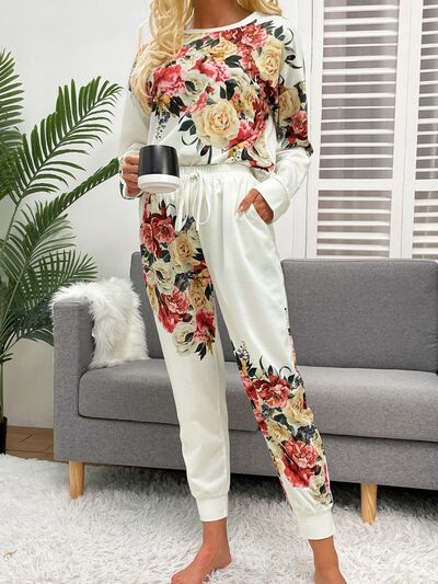 Printed Round Neck Top and Drawstring Pants Lounge Set - 2 PCS. - T - 1 COLOR -