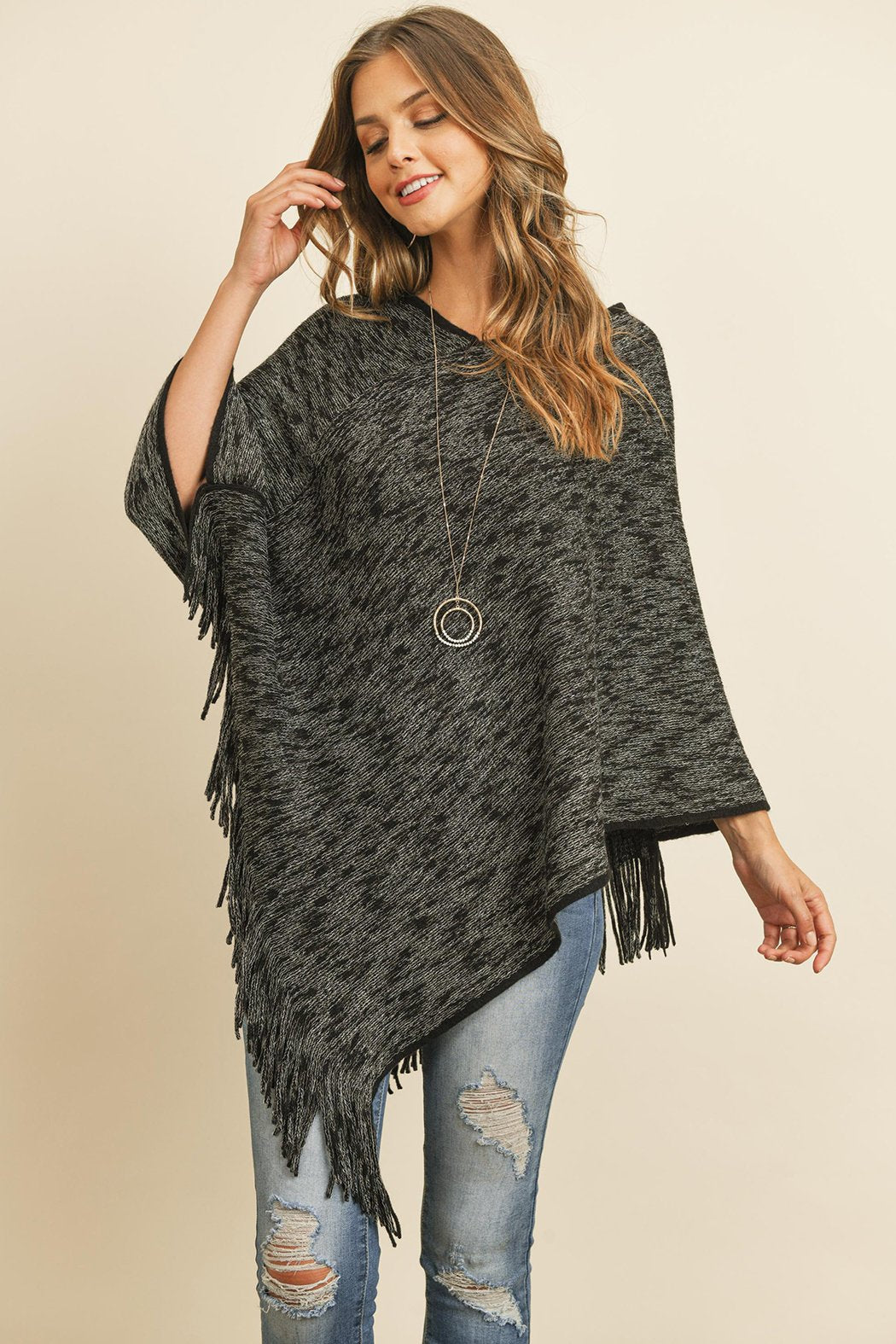 Riah Fashion - Black Two Tone Fringe Poncho - 1 COLOR -