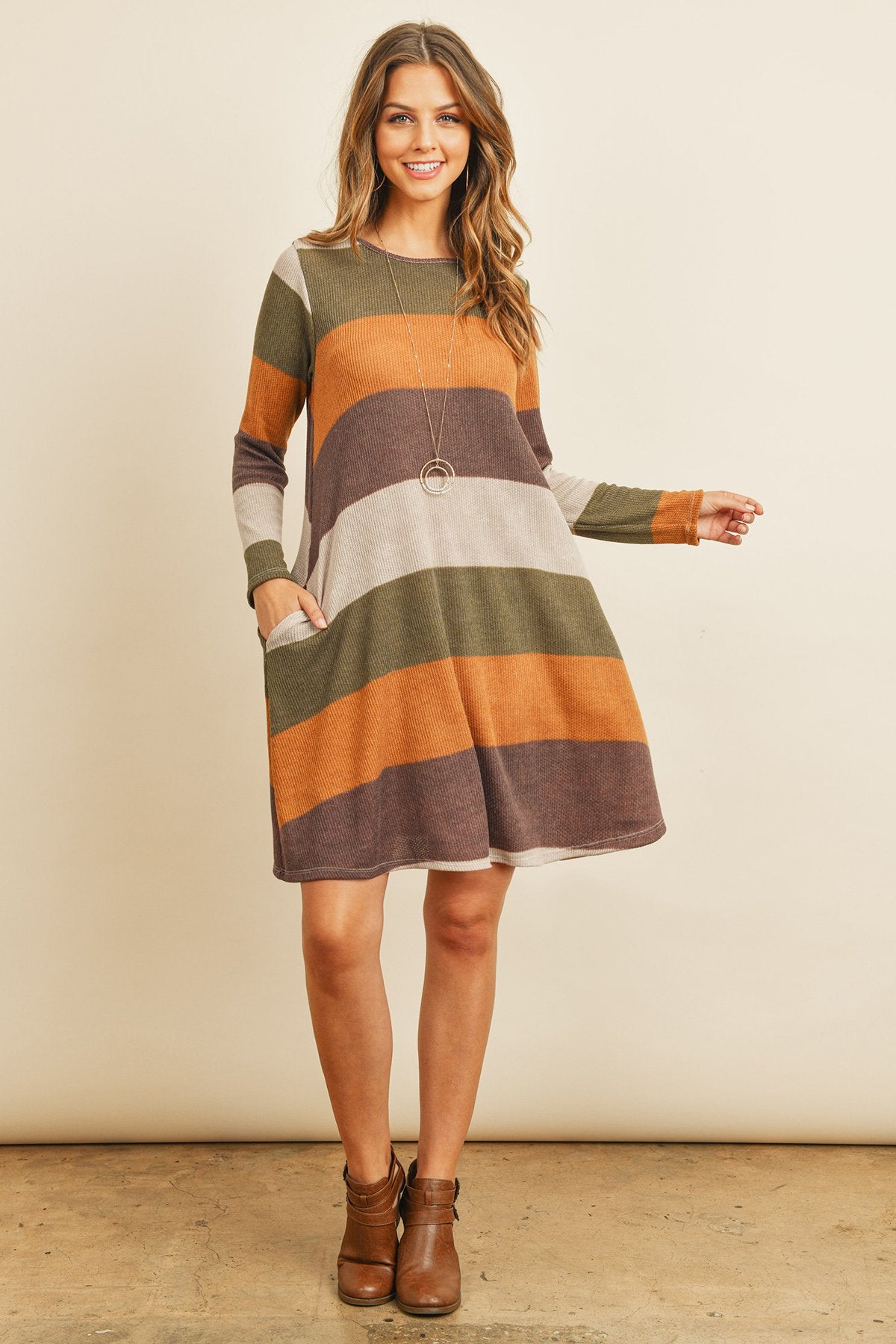 Riah Fashion - Long Sleeved Rib Stripe Pocket Dress - 3 COLORS -