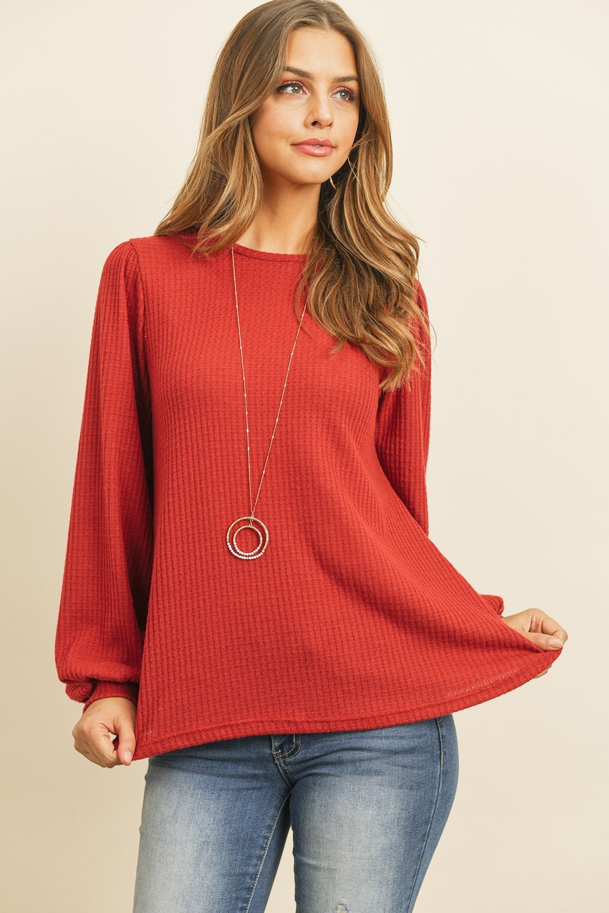 Riah Fashion - Puff Sleeved Waffle Top - 9 COLORS -