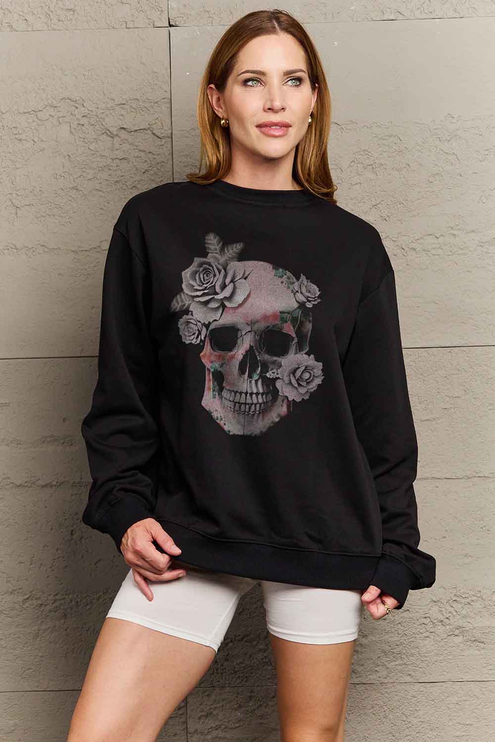 Simply Love Simply Love Full Size Dropped Shoulder SKULL Graphic Sweatshirt - T - 1 COLOR -