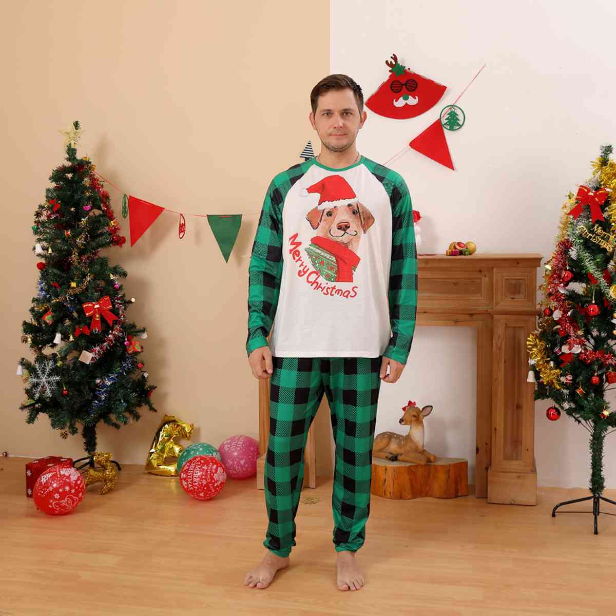 MEN MERRY CHRISTMAS Graphic Top and Plaid Pants Set - T -