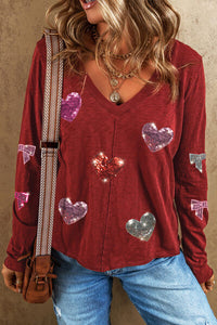 Thumbnail for Sequin Heart V-Neck Long Sleeve T-Shirt - T - 1 COLOR -