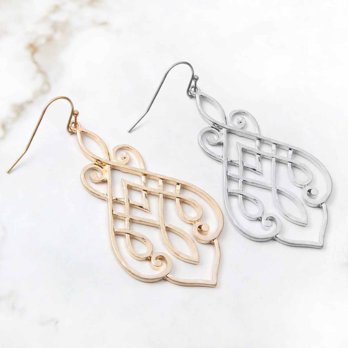 Cast Filigree Drop Hook Earrings - 2 FINISHES -