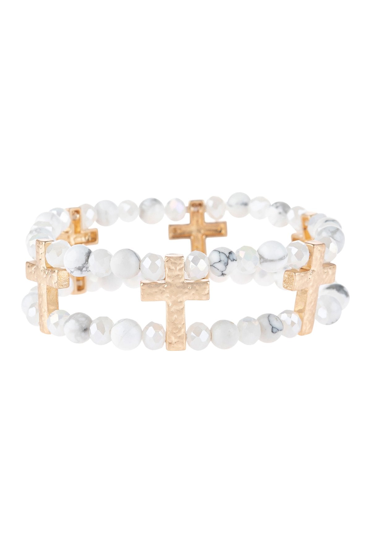 Riah Fashion - Cross Charm Two Line Beaded Bracelet - 4 COLORS -