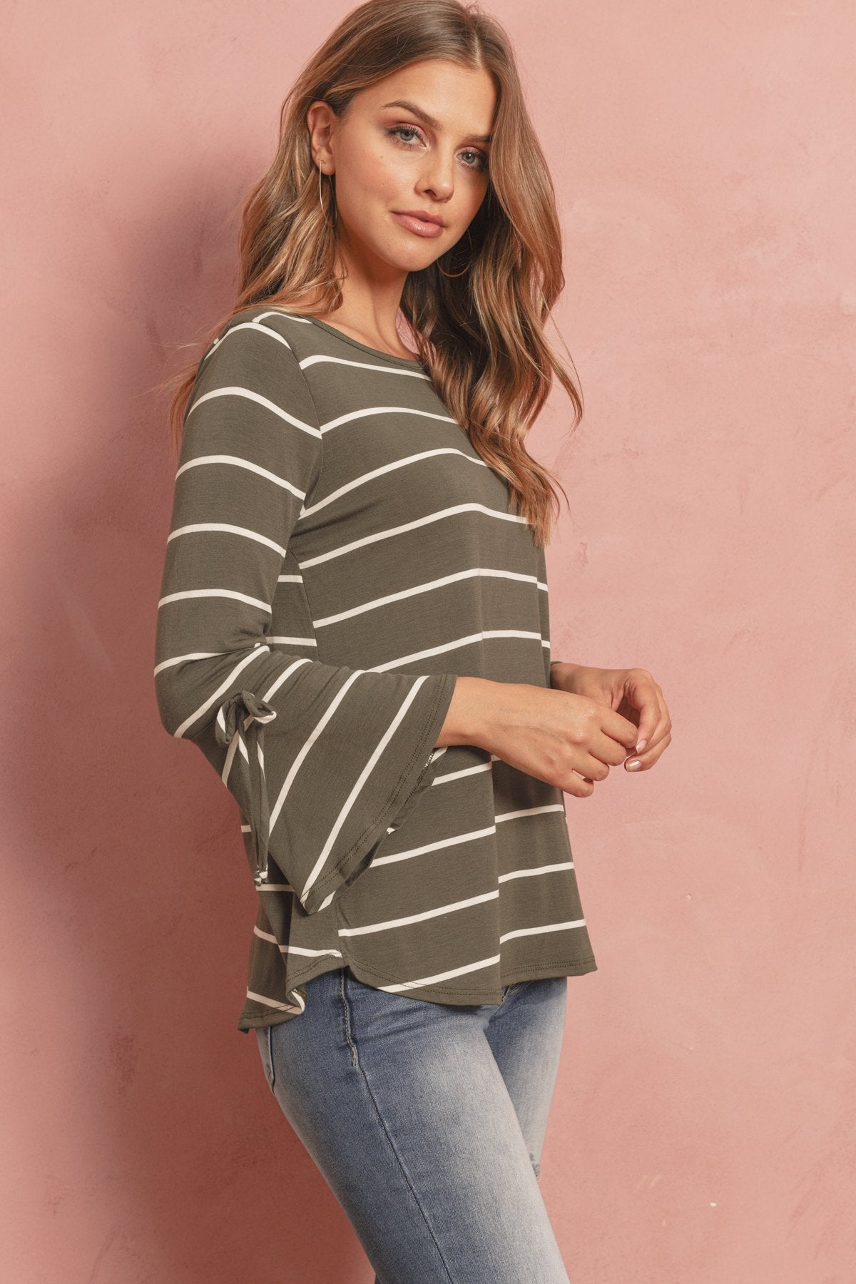 Riah Fashion - Stripe Flutter Sleeve Tie Top - 3 COLORS -