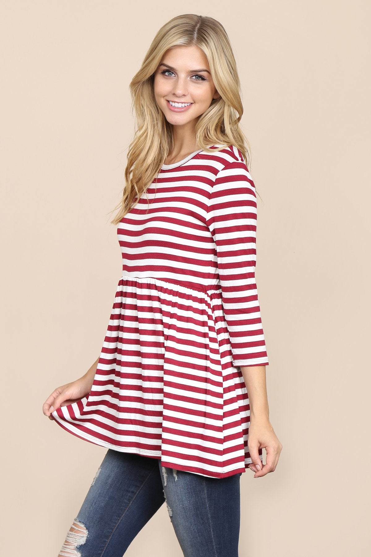 Riah Fashion - Quarter Sleeve Babydoll Striped Tunic - 7 COLORS -