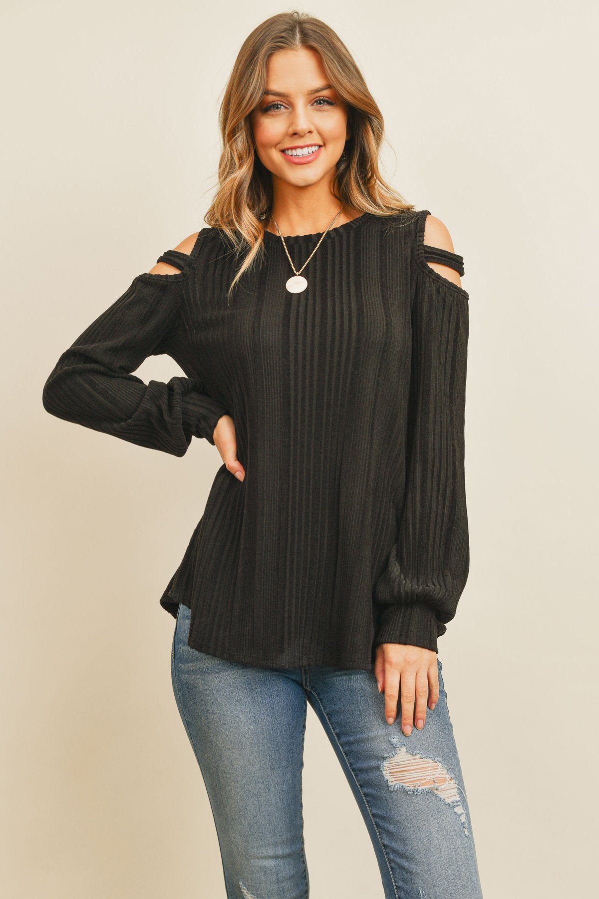 Riah Fashion - Ladder Open Shoulder Long Sleeved Rib Detail Top - 4 COLORS -