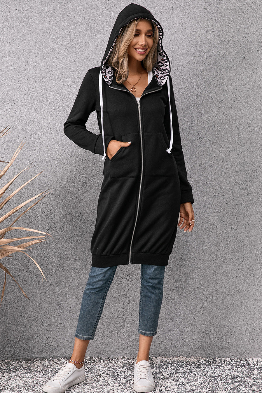 Leopard Spliced Drawstring Zip Up Hoodie Dress - T - 1 COLOR -