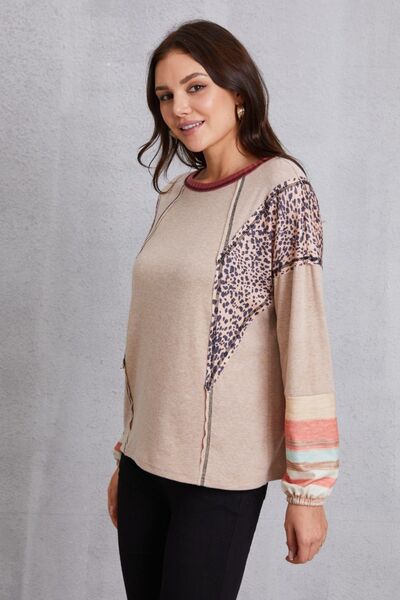 Contrast Stitching Leopard Long Sleeve Blouse - T - 1 COLOR -