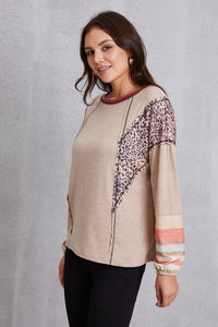 Thumbnail for Contrast Stitching Leopard Long Sleeve Blouse - T - 1 COLOR -