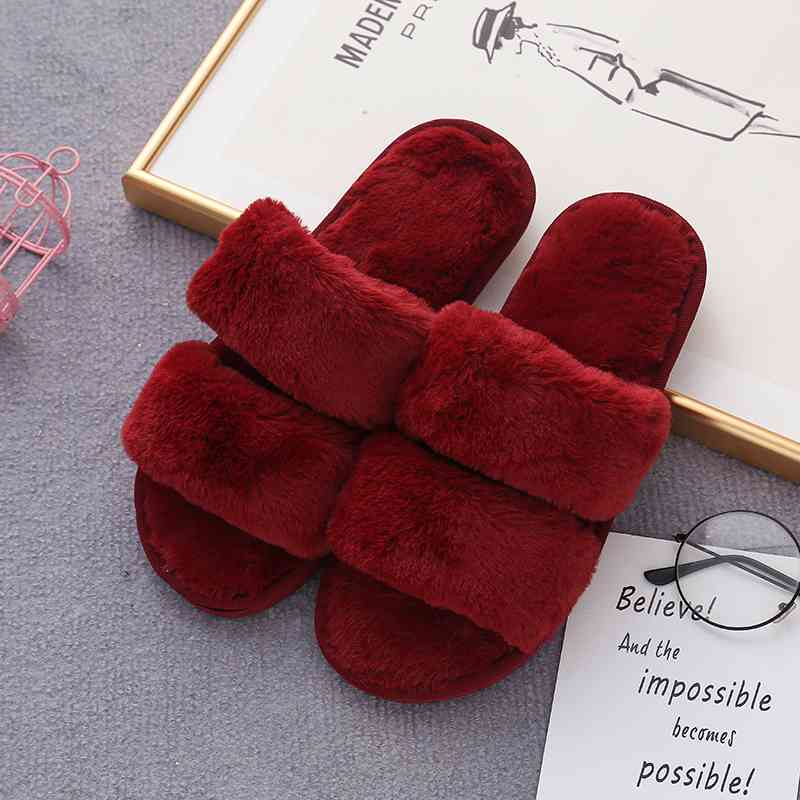 Faux Fur Double Strap Slippers - T - 5 COLORS -