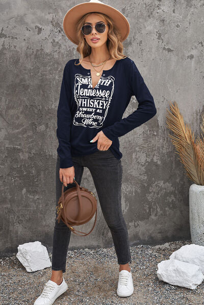 Letter Graphic Notched Long Sleeve T-Shirt - T - 1 COLOR -