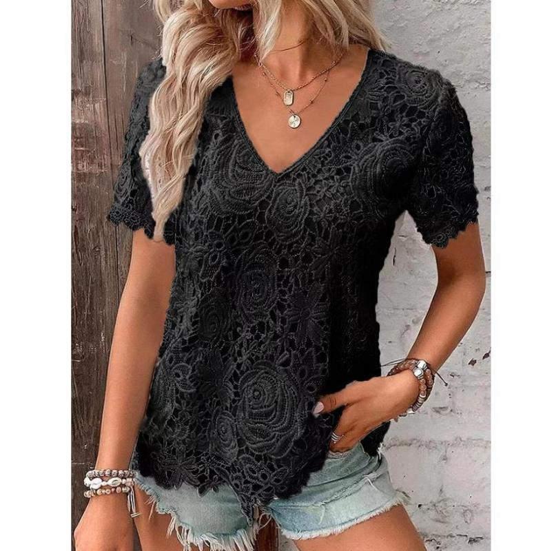 Summer new short-sleeved lace V-neck loose sweet pullover T-shirt - K - 5 COLORS -