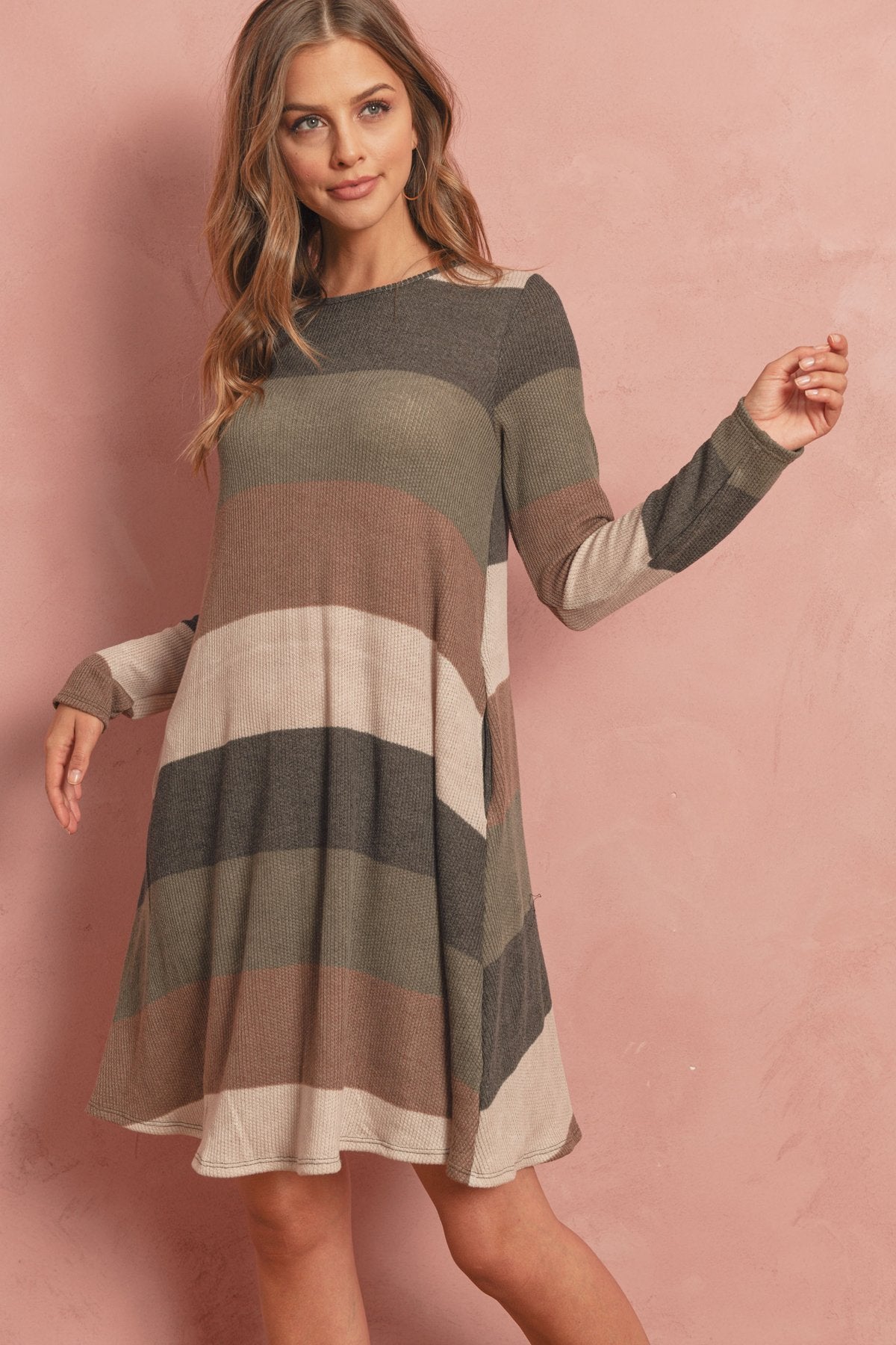 Riah Fashion - Long Sleeved Rib Stripe Pocket Dress - 3 COLORS -