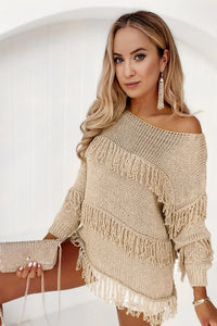 Thumbnail for Fringe Detail Long Sleeve Sweater - T - 2 COLORS -