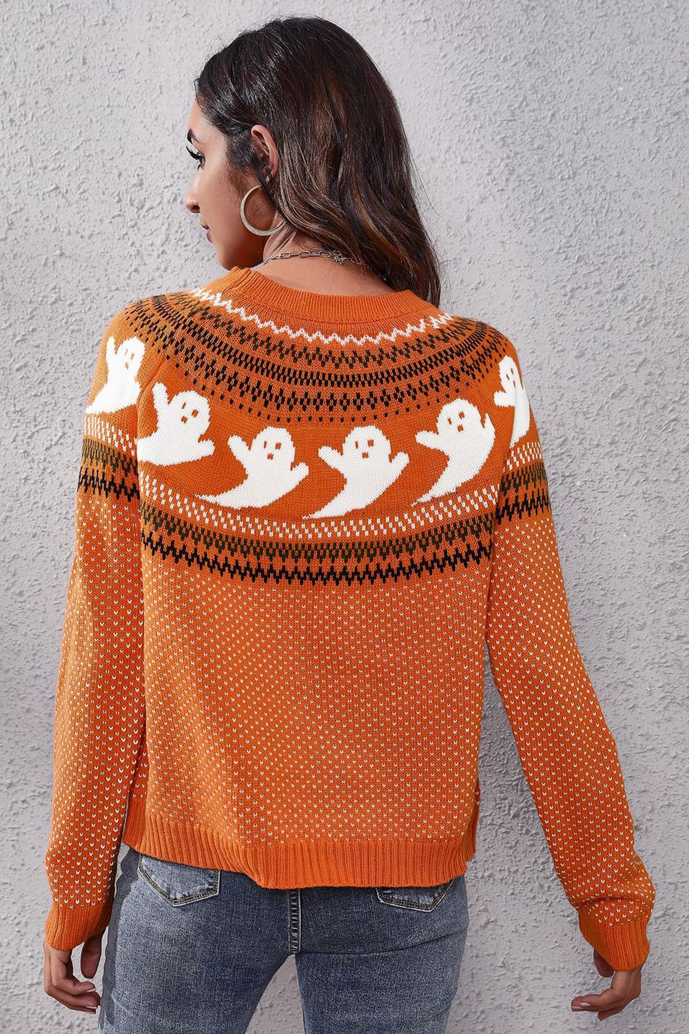 Ghost Pattern Round Neck Long Sleeve Sweater - T - 7 COLORS -