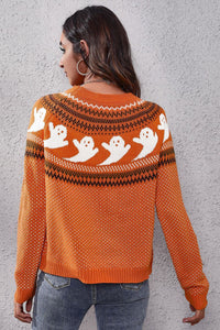 Thumbnail for Ghost Pattern Round Neck Long Sleeve Sweater - T - 7 COLORS -