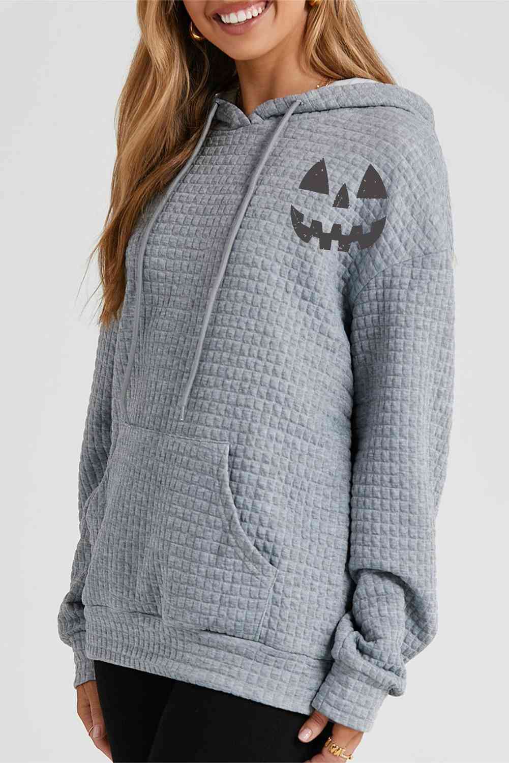 Pumpkin Face Graphic Drawstring Hoodie with Pocket - T - 1 COLOR -