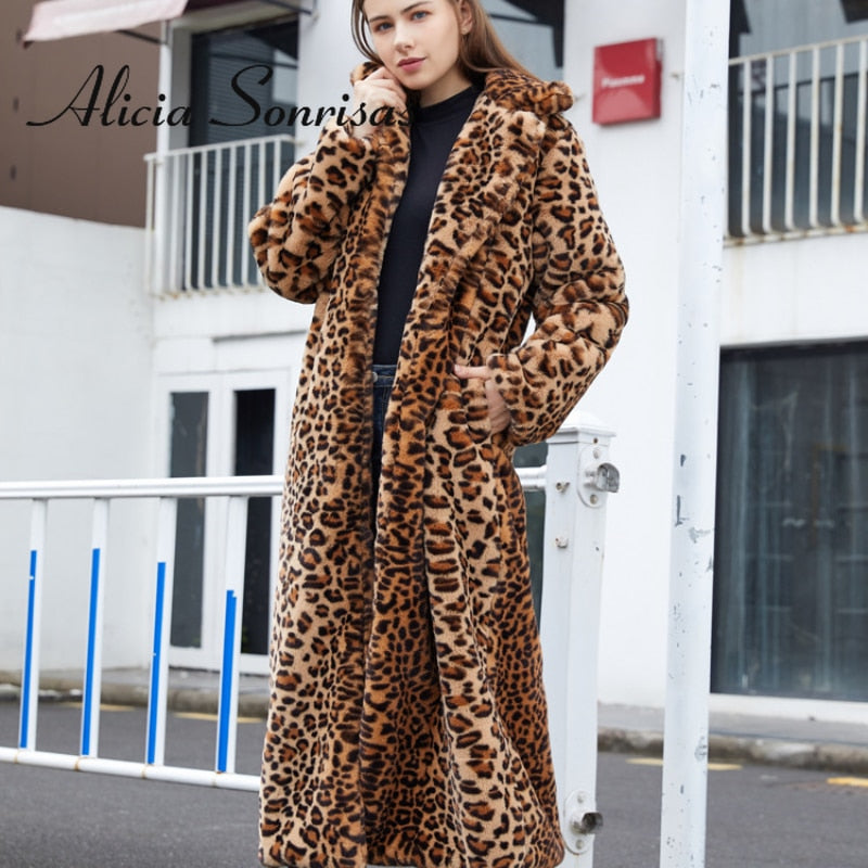 Sharon Tatem - Faux Fur - Leopard Print - Rabbit Tailored Collar - Warm Thick X-Long Coat Long Sleeve Jacket -