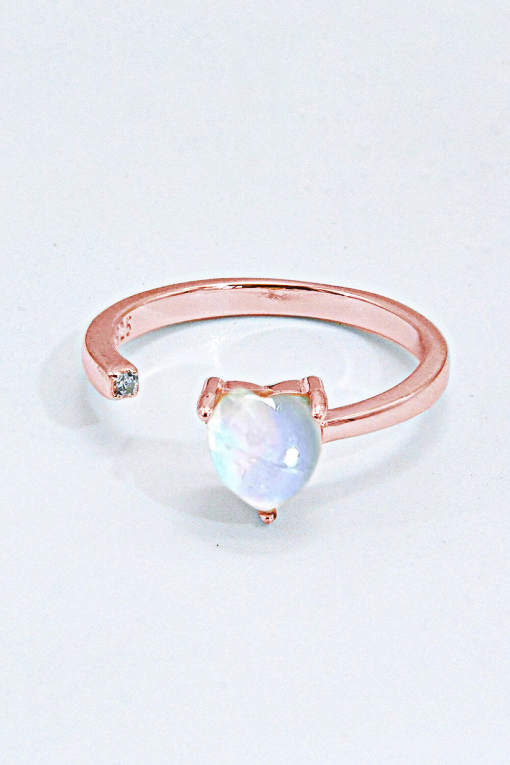 Inlaid Moonstone Heart Adjustable Open Ring - T - 1 SIZE FIT - 2 FINISHES -