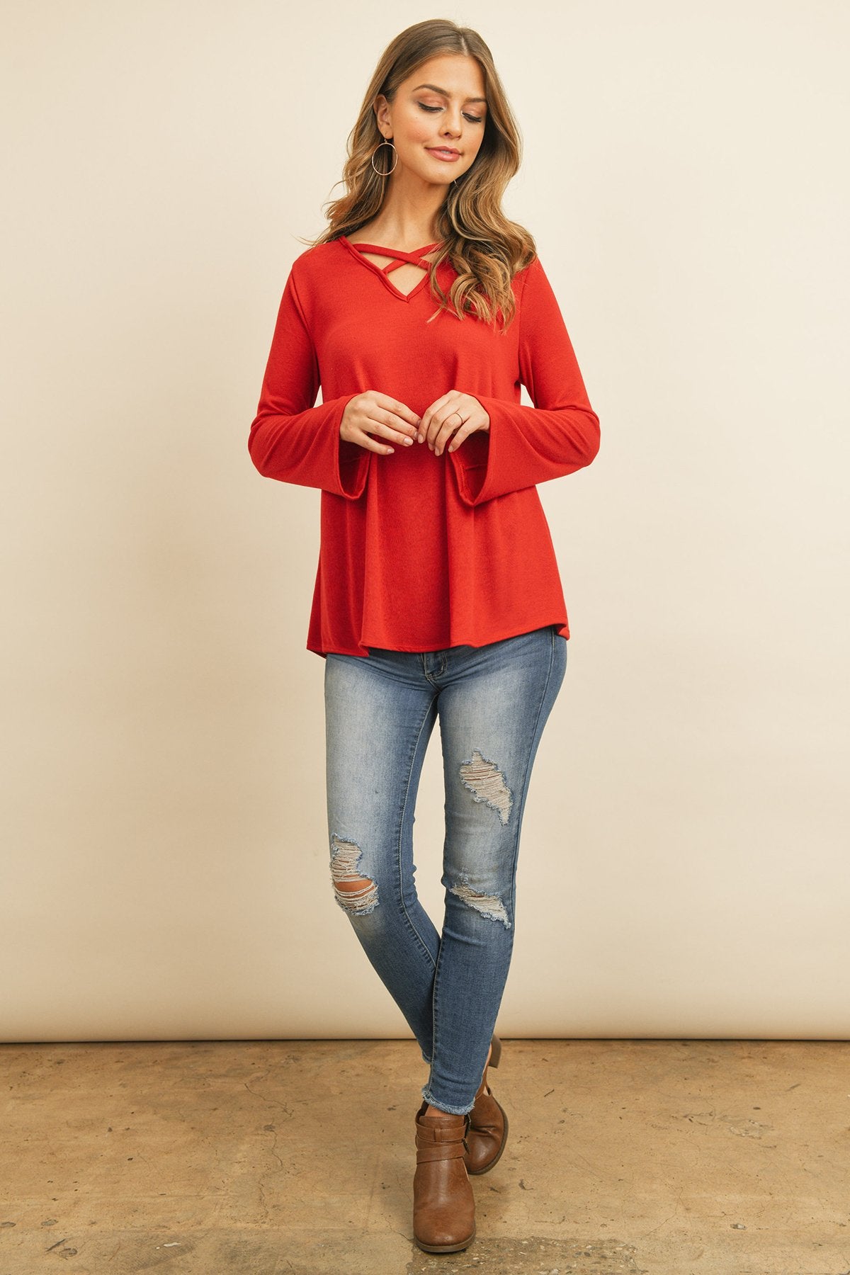 Criss Cross Neck Long Sleeve Hacci Top - 5 COLORS -