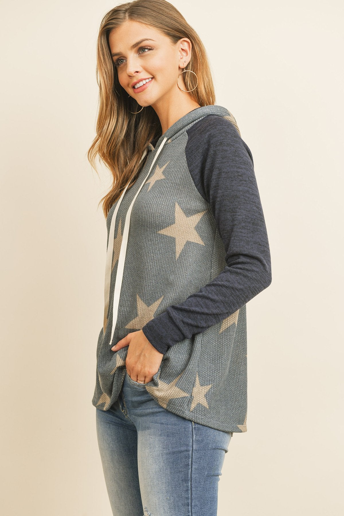 Riah Fashion - Brushed Hacci Sleeve Rib Detail Star Print Hoodie With Drawstring - 3 COLORS -