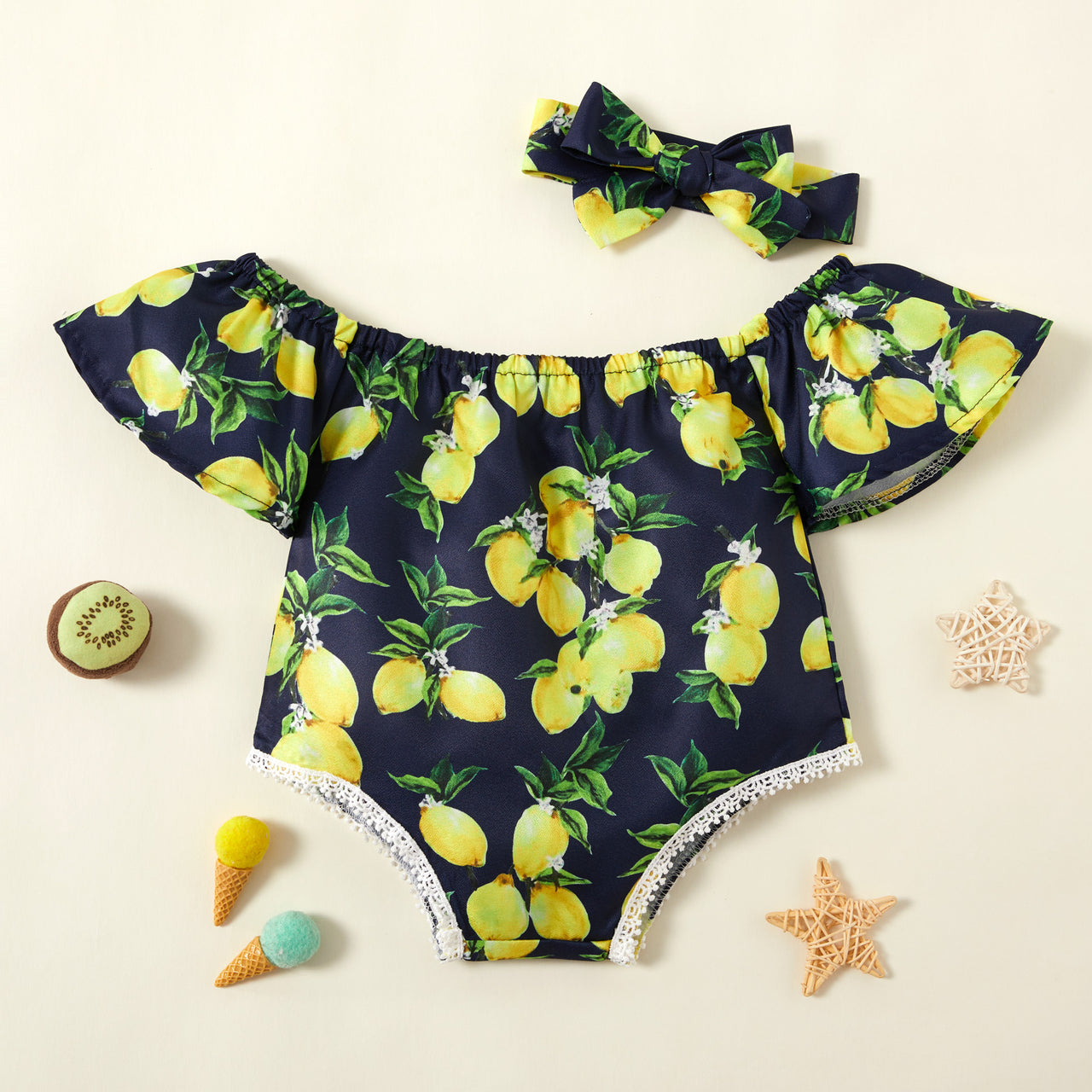 Lemon Print Square Neck Bodysuit - T - 4 SIZES - 1 COLOR -