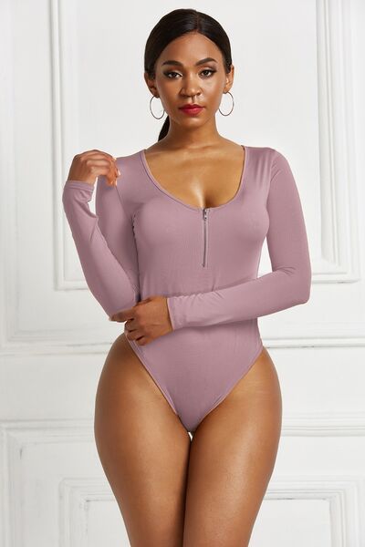 Half Zip Scoop Neck Long Sleeve Bodysuit - T - 10 COLORS -