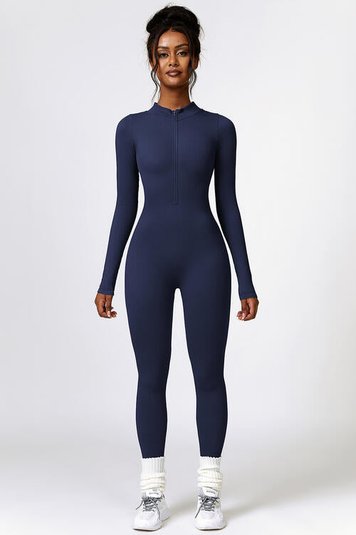 Half Zip Long Sleeve Active Jumpsuit - T - 5 COLORS -