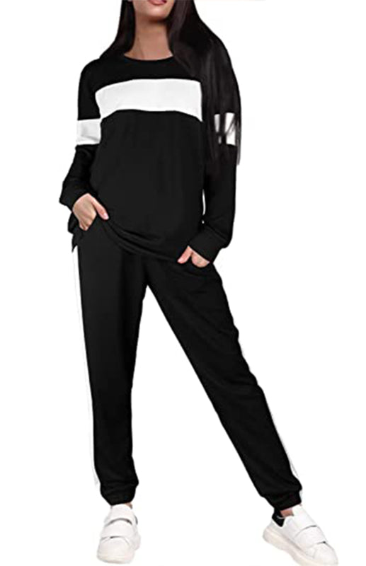 Women's Fashion Loose Casual Round Neck Striped Colorblock Sweater Suit - K - 2 PC. SET - 5 COLORS -