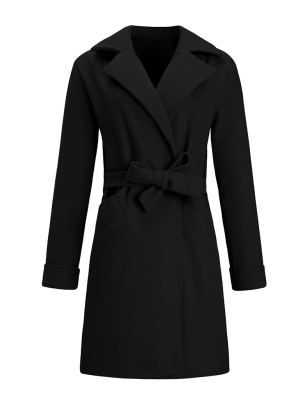 Women’s Stylish Solid Color Classy Collared Overcoat With Waist Tie And Hand Pockets - K - 3 COLORS --