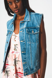 Thumbnail for Q2 - Cotton Sleeveless Denim Jacket in 70s Blue - 1 COLOR -