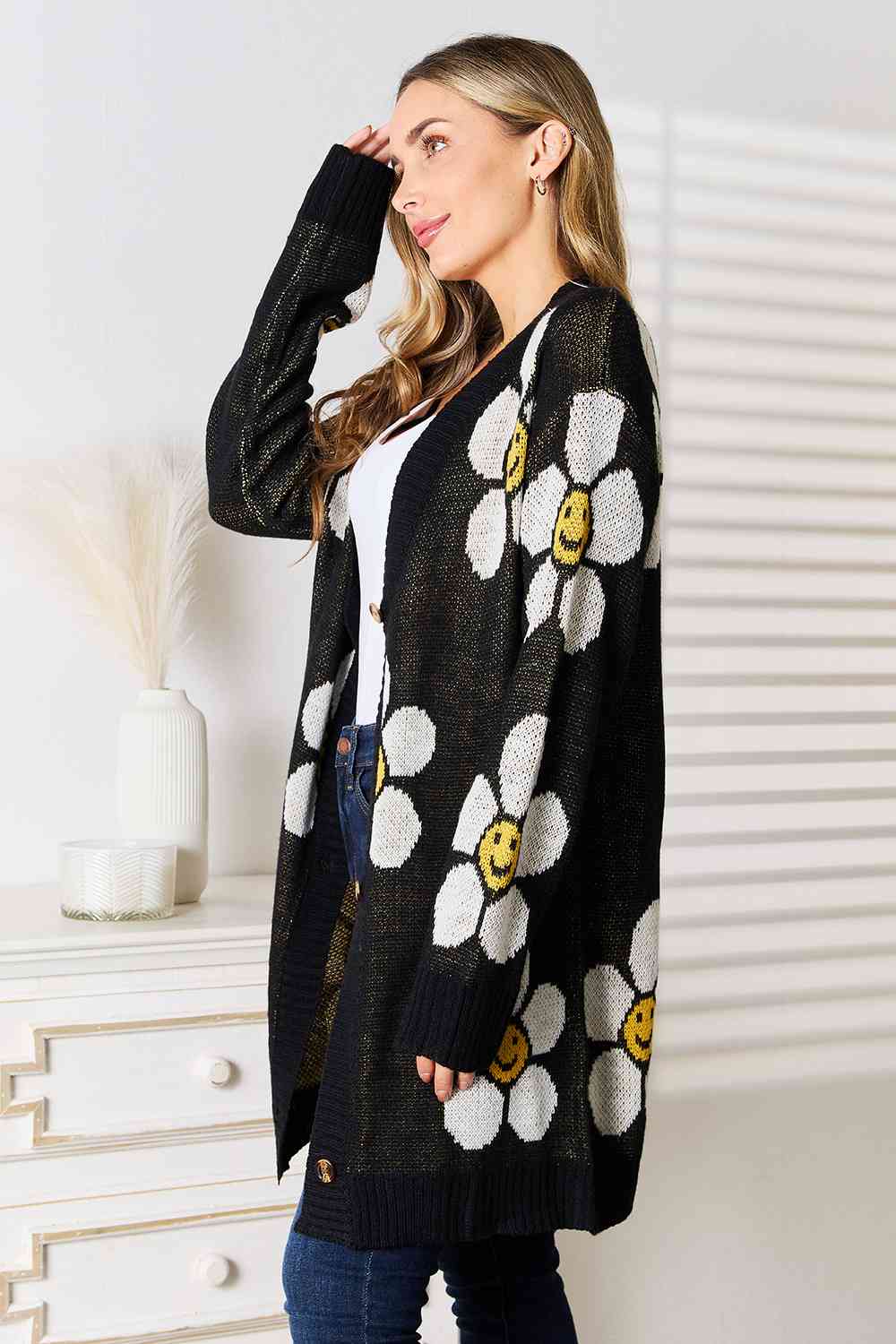 Double Take Floral Button Down Longline Cardigan - T - 1 COLOR -