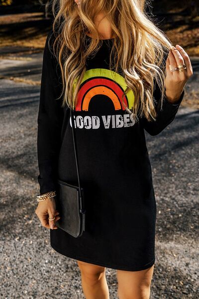 GOOD VIBES Round Neck Long Sleeve Dress - T - 1 COLOR -