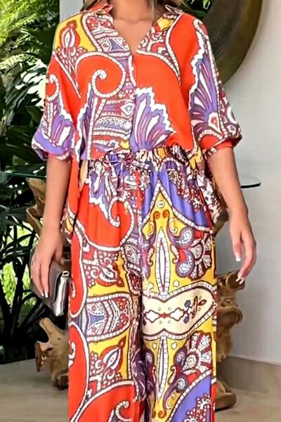 Printed Half Sleeve Shirt and Wide Leg Pants Set - Beach or Everday - 2 PCS. - T - 1 COLOR -