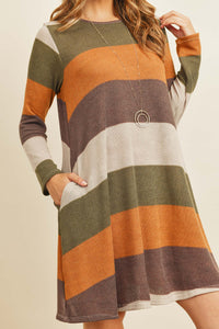 Thumbnail for Riah Fashion - Long Sleeved Rib Stripe Pocket Dress - 3 COLORS -