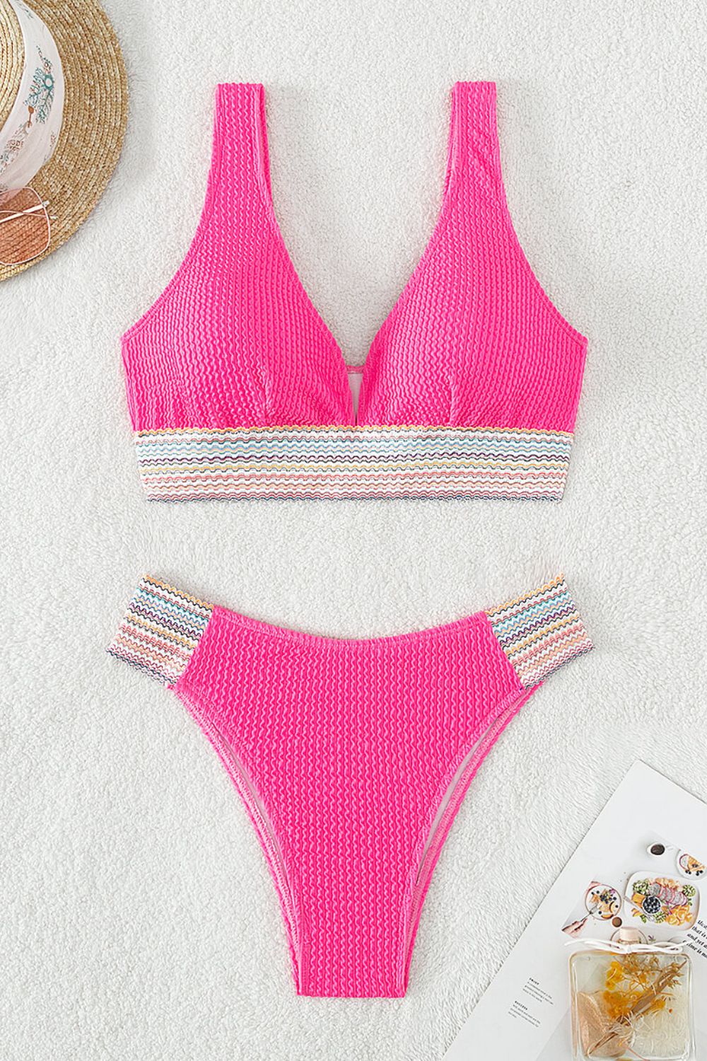 Contrast Textured High Cut Swim Set - T - 5 COLORS -