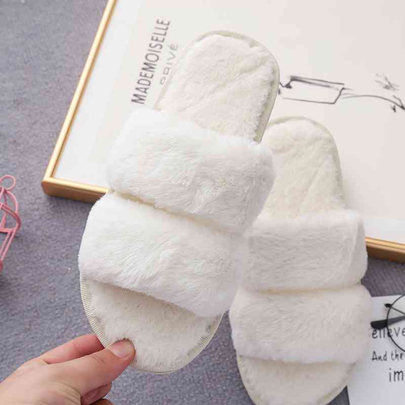 Faux Fur Double Strap Slippers - T - 5 COLORS -