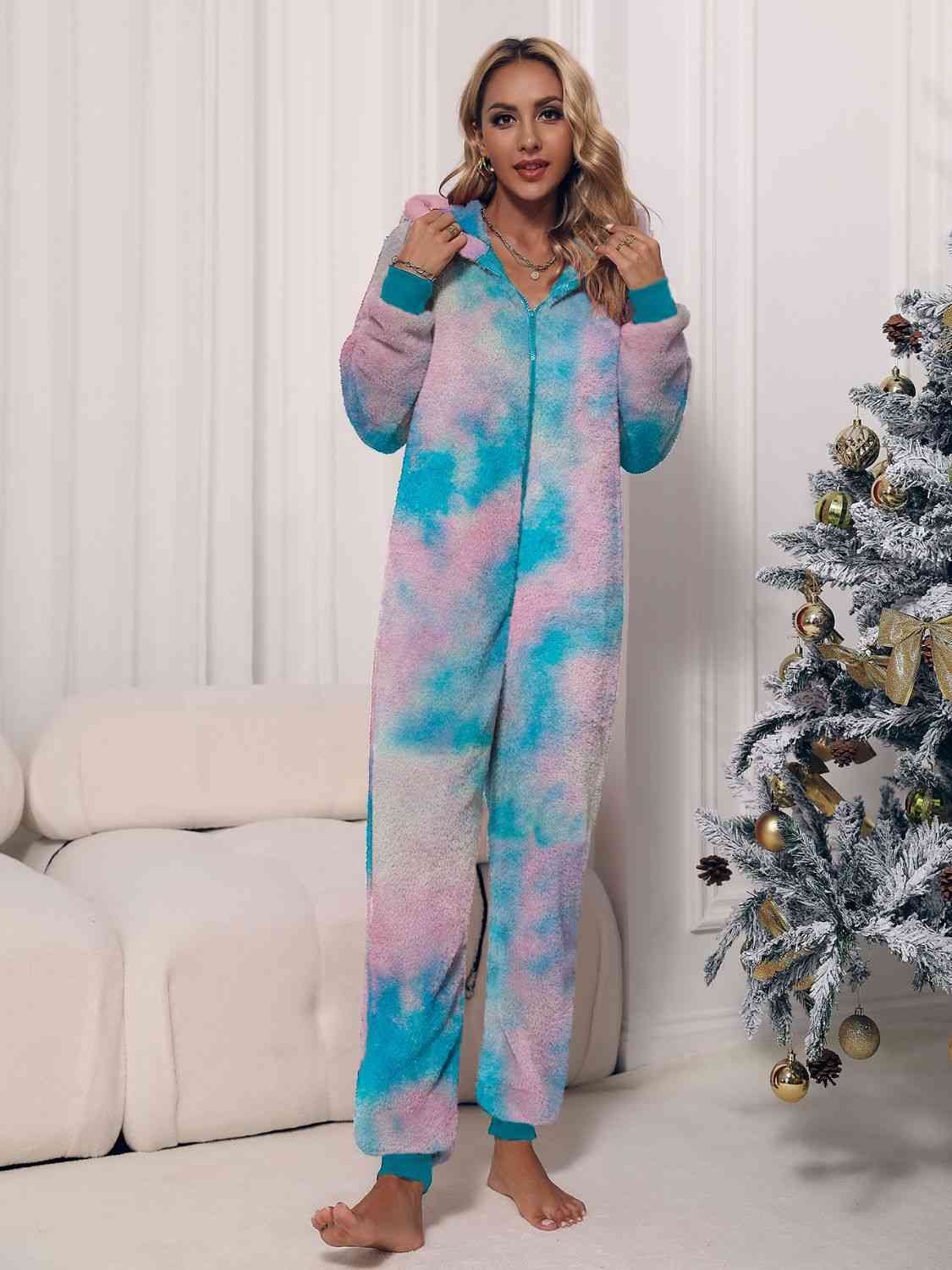 Zip Front Long Sleeve Hooded Teddy Lounge Jumpsuit - T - 1 COLOR/3 TIE DYES -